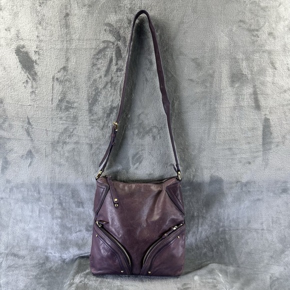 Cole Haan Shoulder Bag Cross Body Purse Purple Leather Zipper Pocket